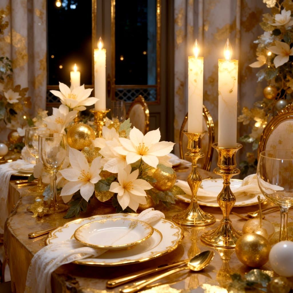 Elegant Christmas Table Setting in White and Gold