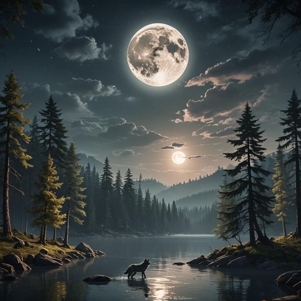 Wolf Howling at Moon Over Forest Lake
