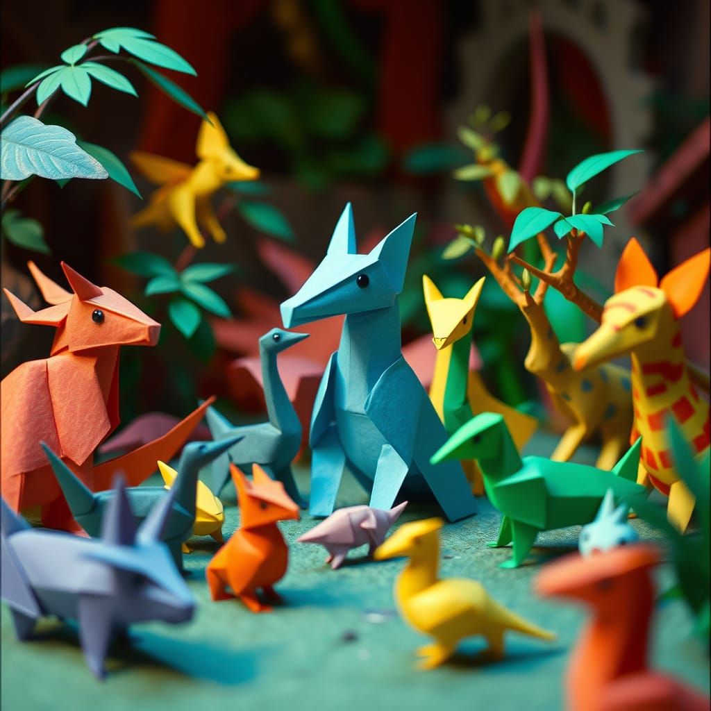 Whimsical Origami Zoo Scene in Film Style