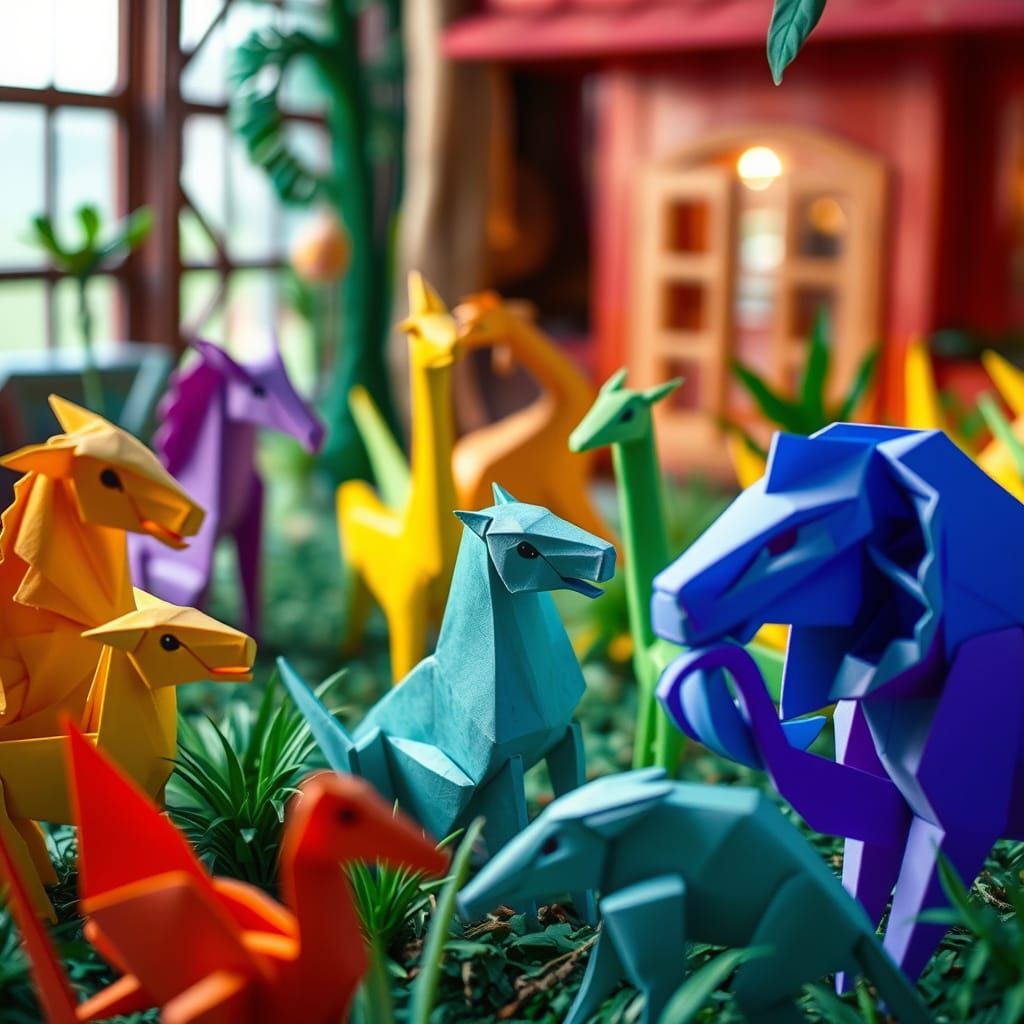 Origami Zoo with Cinematic Lighting and Film Grain