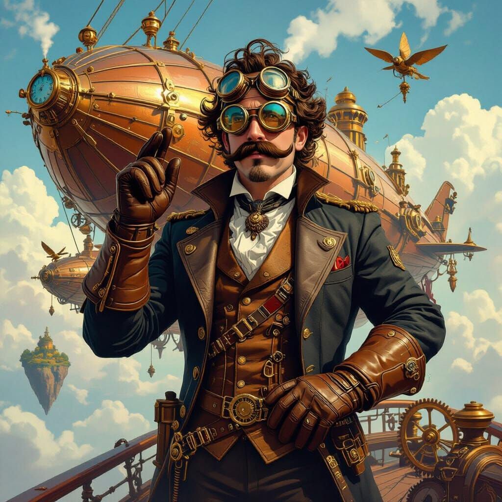 Steampunk Airship Captain Soaring Through a Clockwork Sky