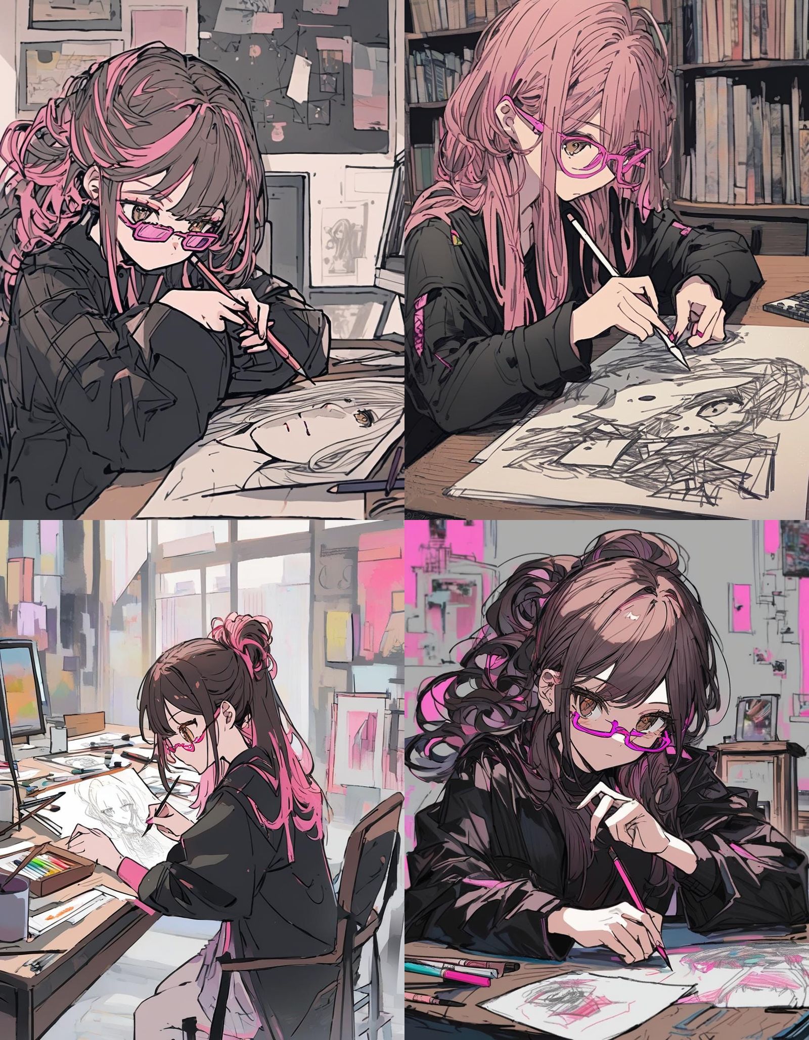 Anime Girl at Desk in Sketch Art Style