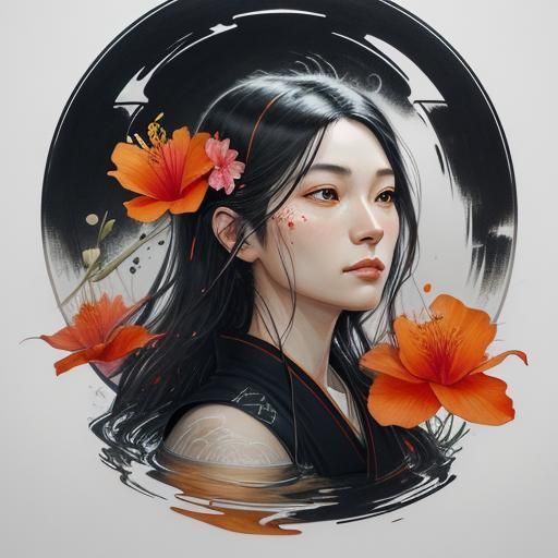 Sumi-E Portrait with Bamboo and Koi