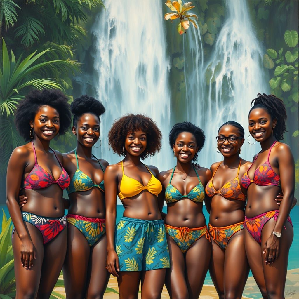 Sisters in Vibrant Bikinis Pose in Front of Jamaican Waterfa...