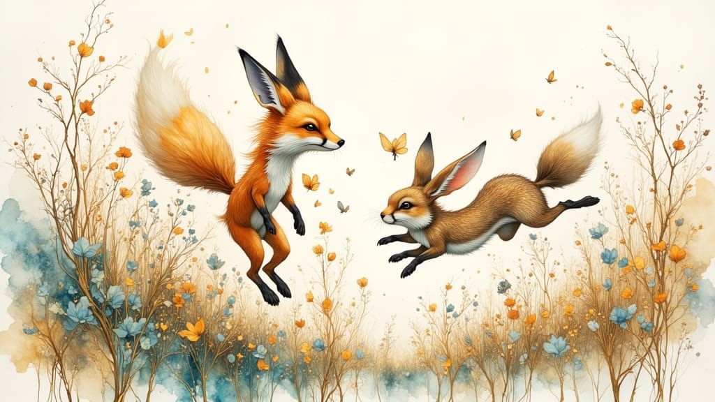 Fox and Rabbit Friends Playing Tag in High Grass