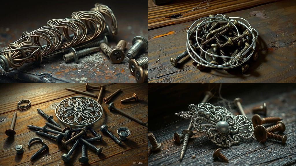 Ornate Filigree Silver Wire Nails and Rusty Screws on Dusty ...