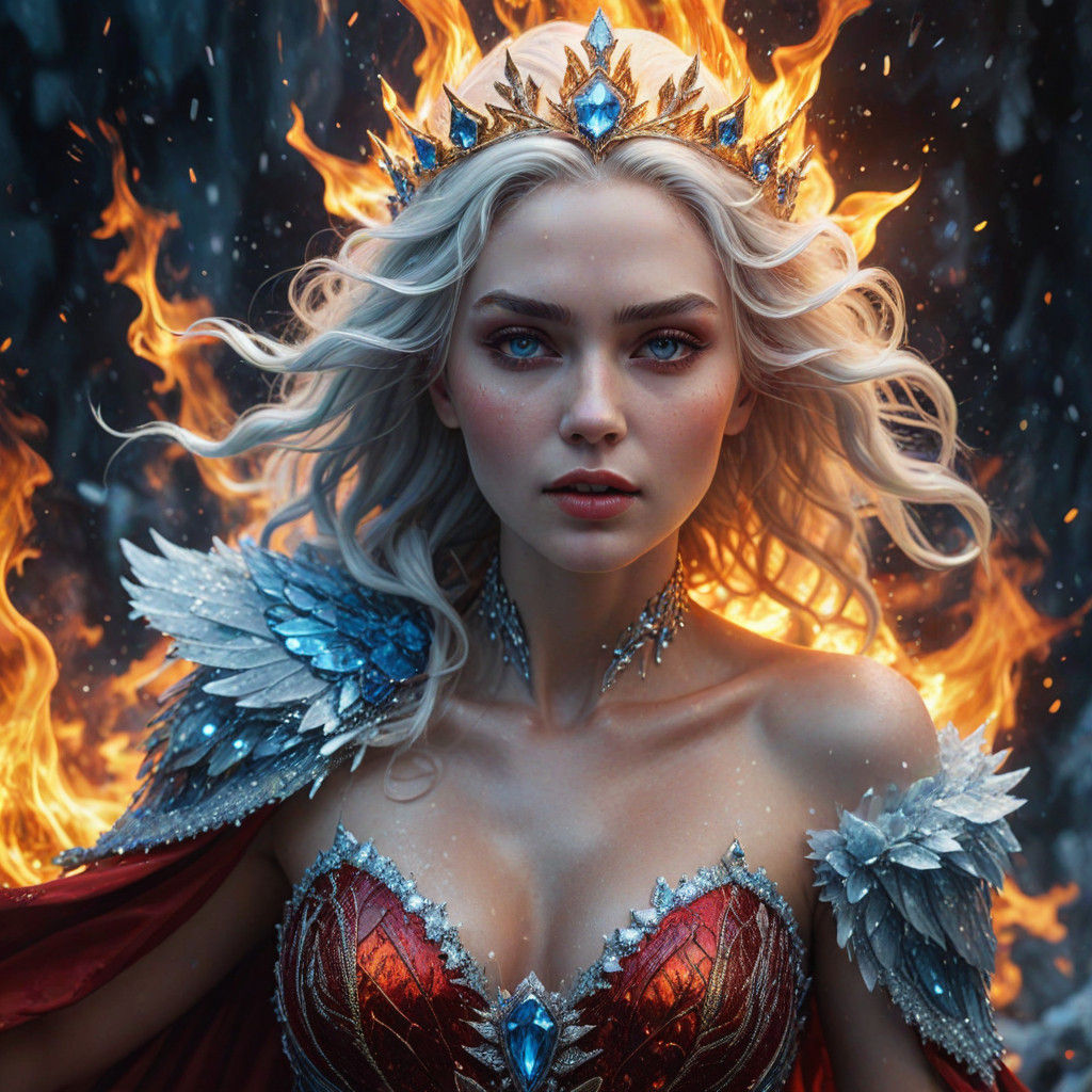 Ice Queen in Fiery Red, Hyper-Realistic Digital Art