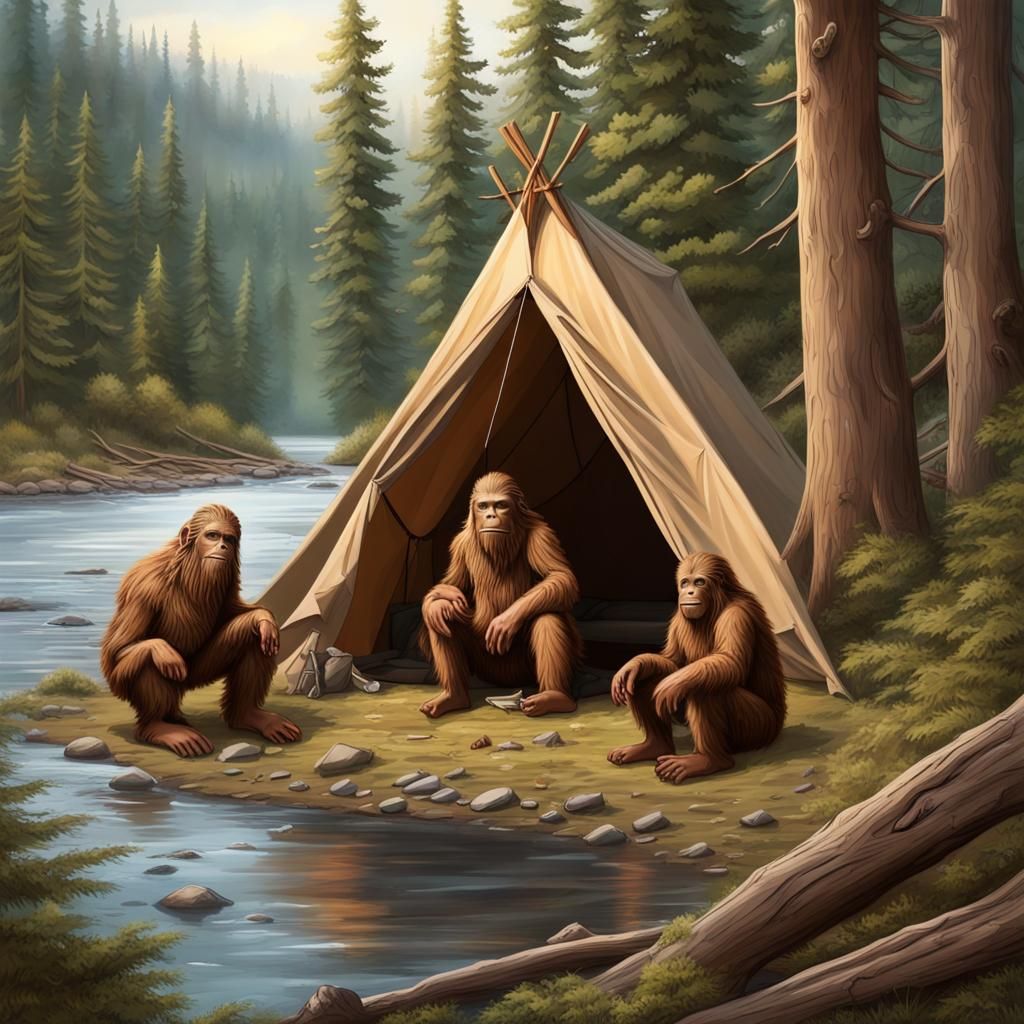Hyperrealistic Sasquatch Family at Forest Campsite