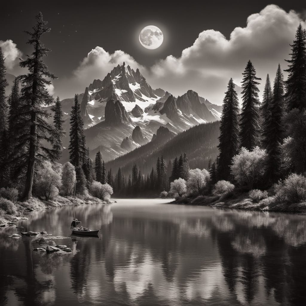 Serene Moonlit Lake Scene in a Romanticized Landscape Style