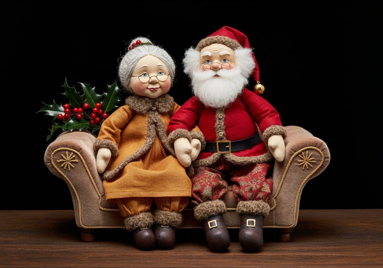 Jovial Couple in Festive Attire, Soft Sculpture Dolls