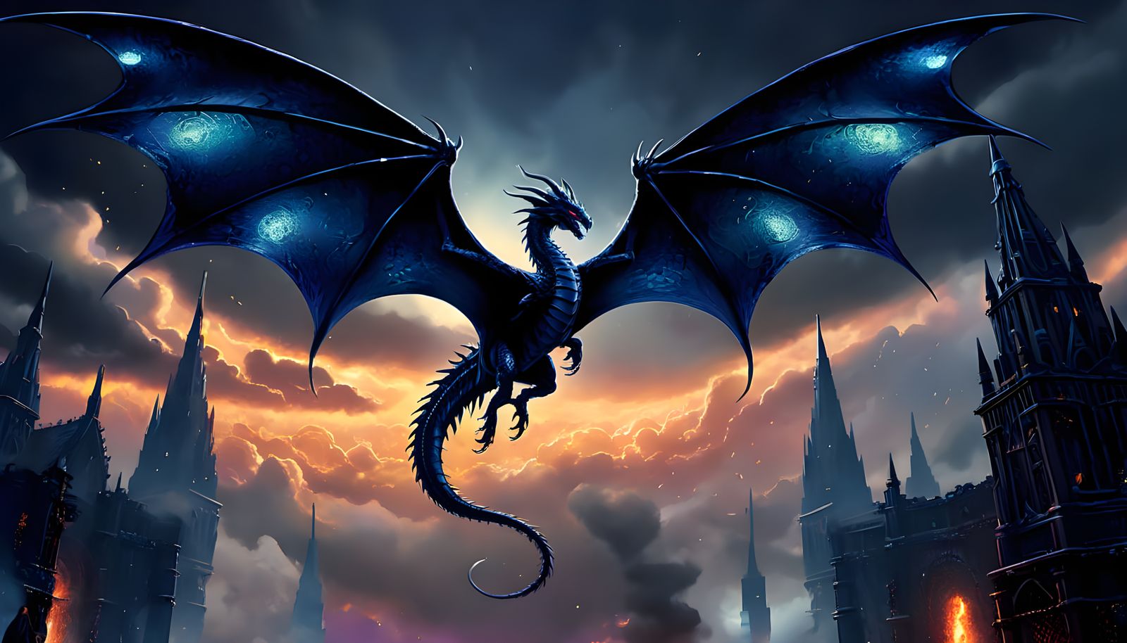 Obsidian Dragon Flies Over Gothic City in Cosmic Surrealism