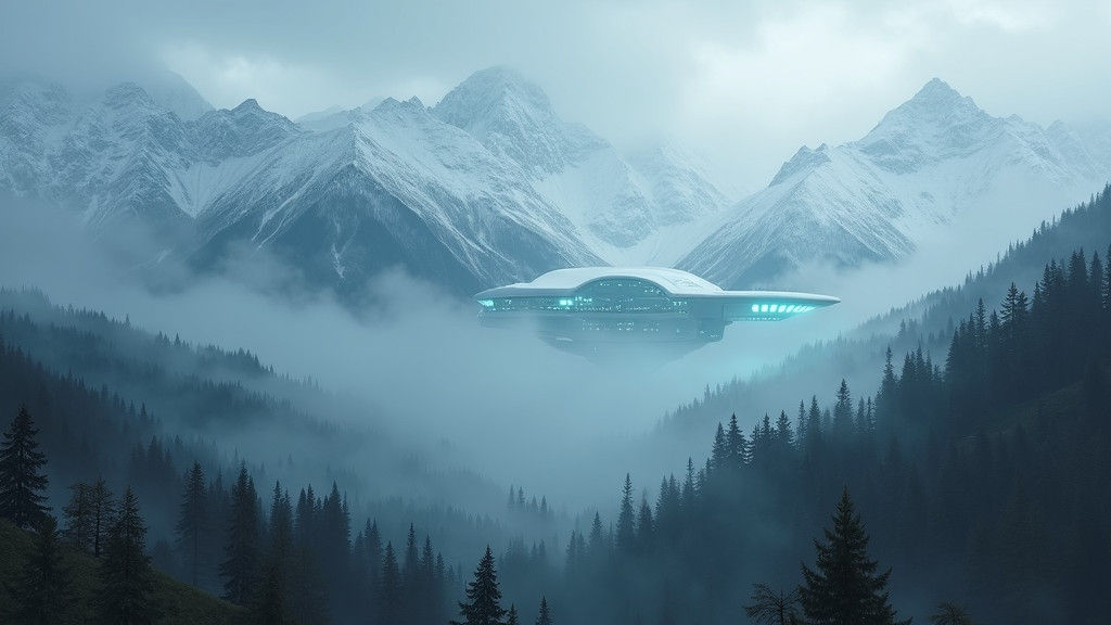 Alien Facility Amid Misty Mountains in Dark Sci-Fi Style