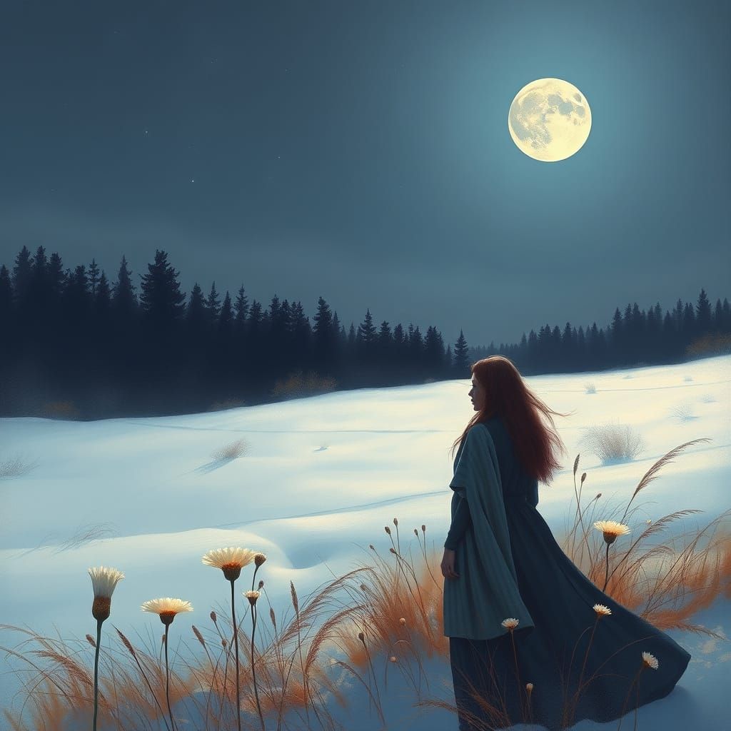 Dreamy Moonlit Snowy Landscape with Woman
