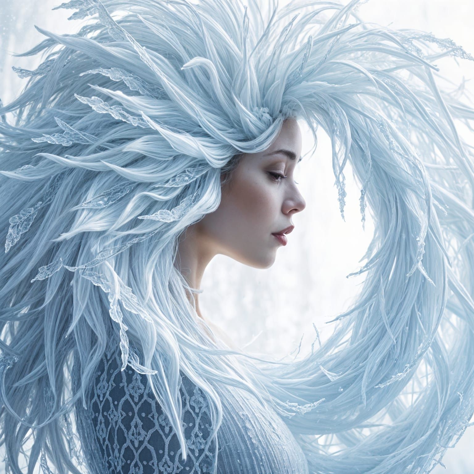Ethereal Woman Portrait with Sculpted Snowdrift Hair
