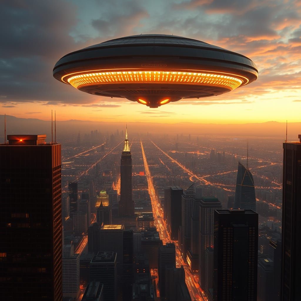 Ethereal 8-Shaped Spaceship Soars Above Dusk Cityscape