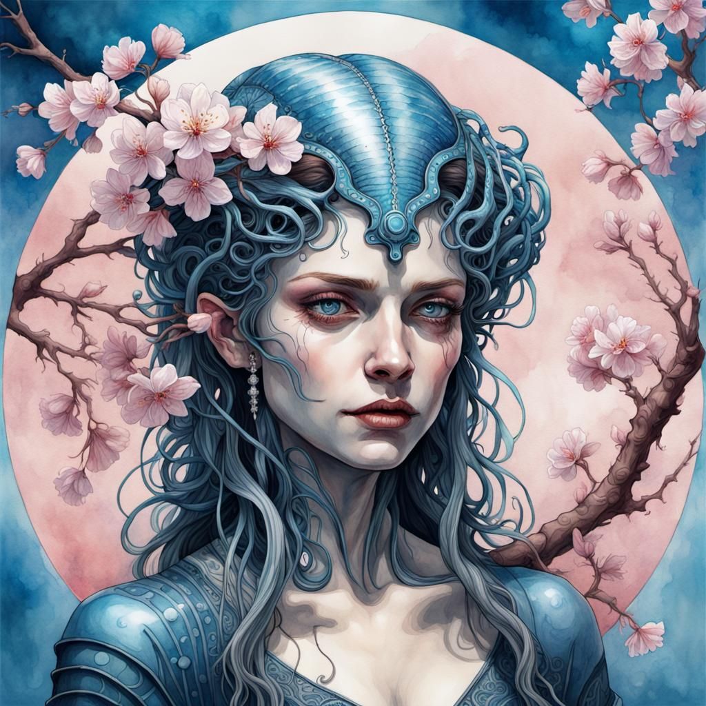 Cherry Blossom in Watercolor with Blue Azure Vista