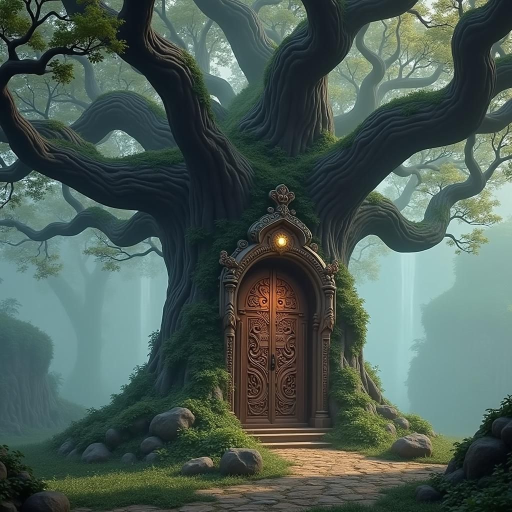 Regal Ancient Oak Tree Amidst Skeletal Trees