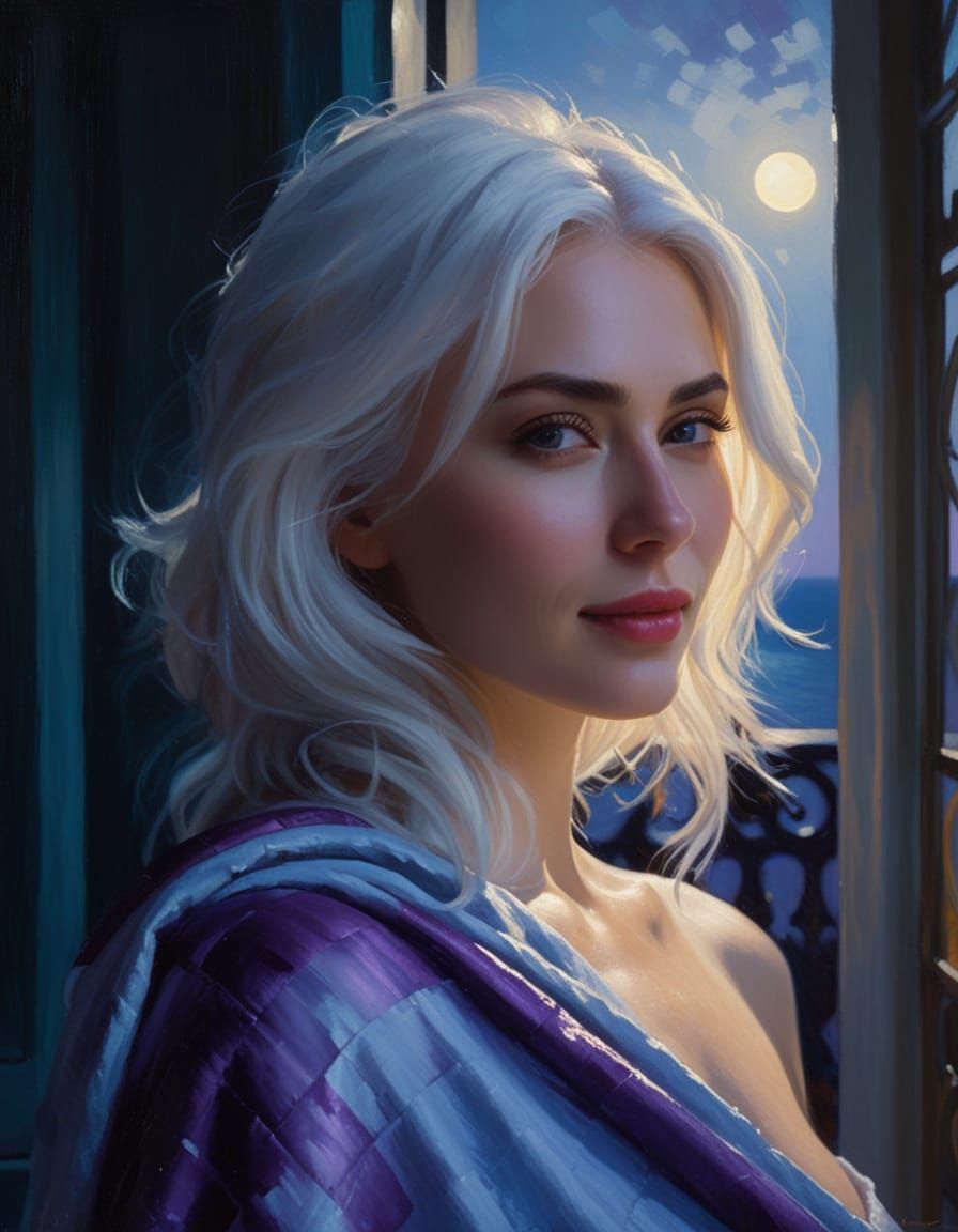 Romantic Realism Oil Painting of Woman on Balcony