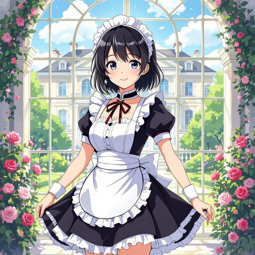 Anime Maid in Mansion Watercolor Style