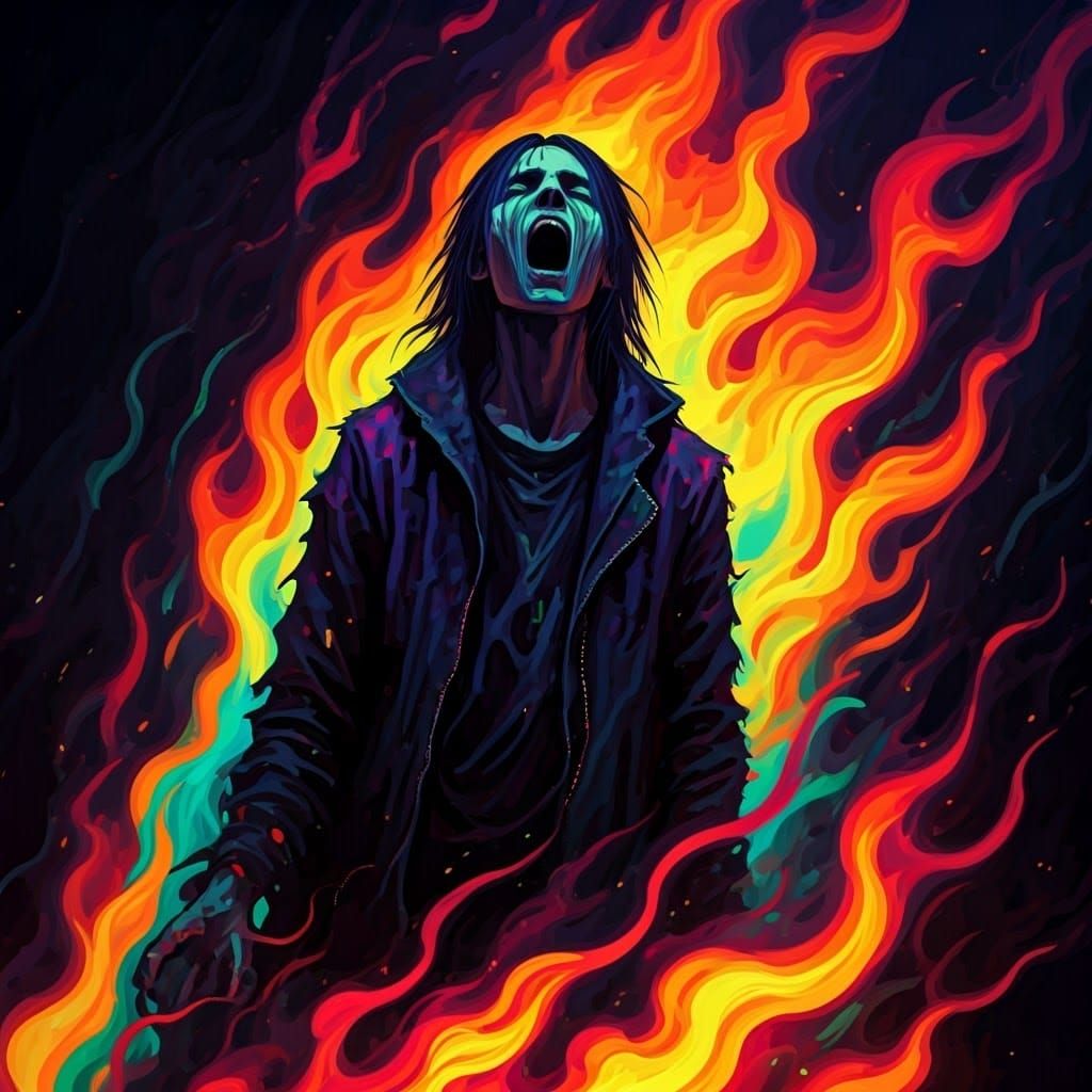 Screaming Figure in Neon Flames, Expressive Illustration