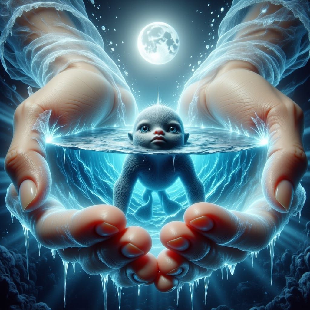 Ethereal Hands Cradle a Tiny Ocean World with a Curious Whal...