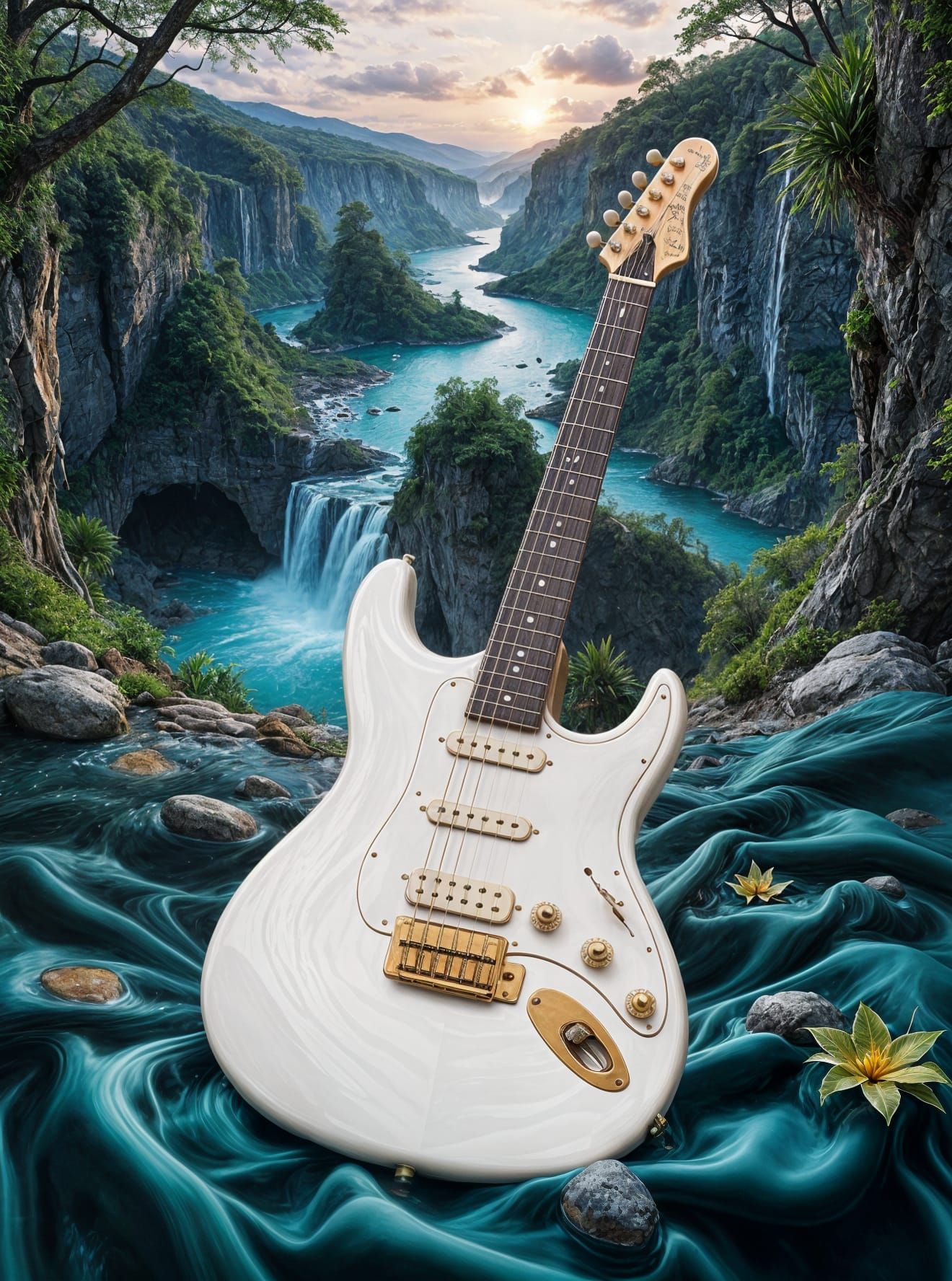 Surreal Guitar Dreamscape with Waterfall Oasis