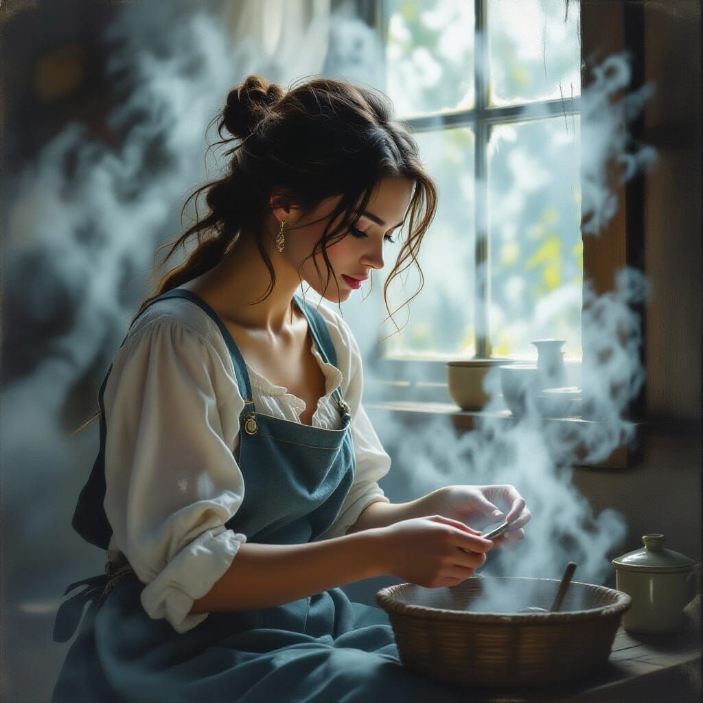 Ethereal Woman in Mist: Hyperrealistic Luminist Style