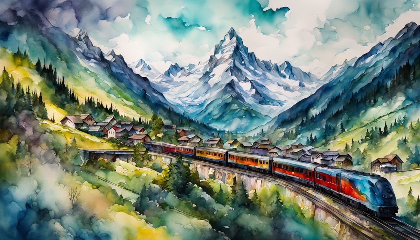 Alcohol Ink Fantasy Train Journey Through Swiss Alps