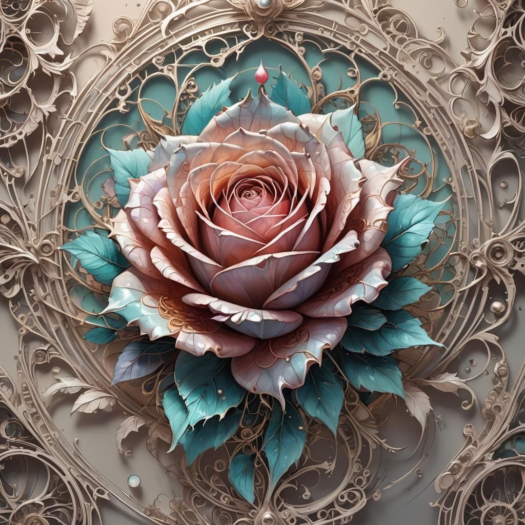 Filigree Fractal Rosebud in Pastel Ink Style