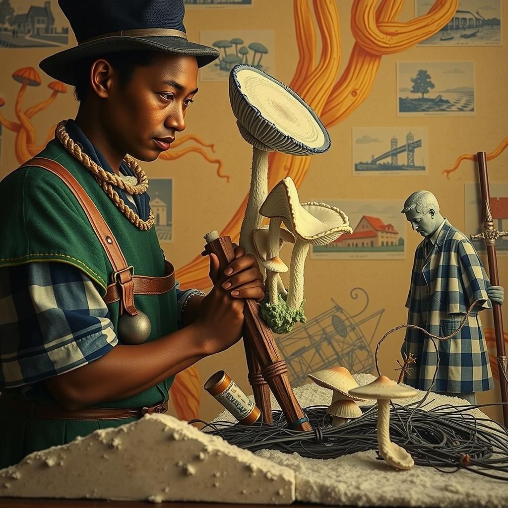 Linocut Mushroom Scene with Porcelain Figures