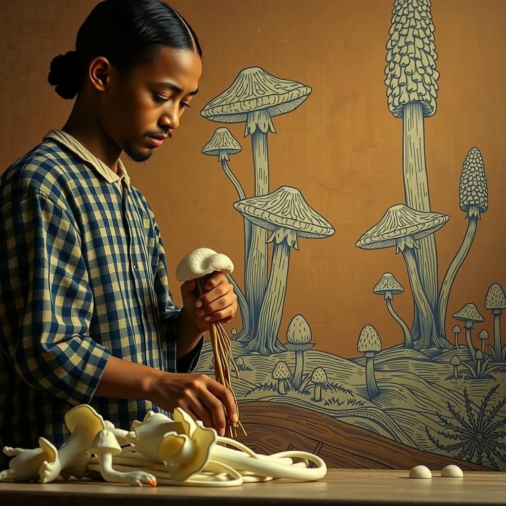 Blue and White Mushroom Linocut with Porcelain Figures