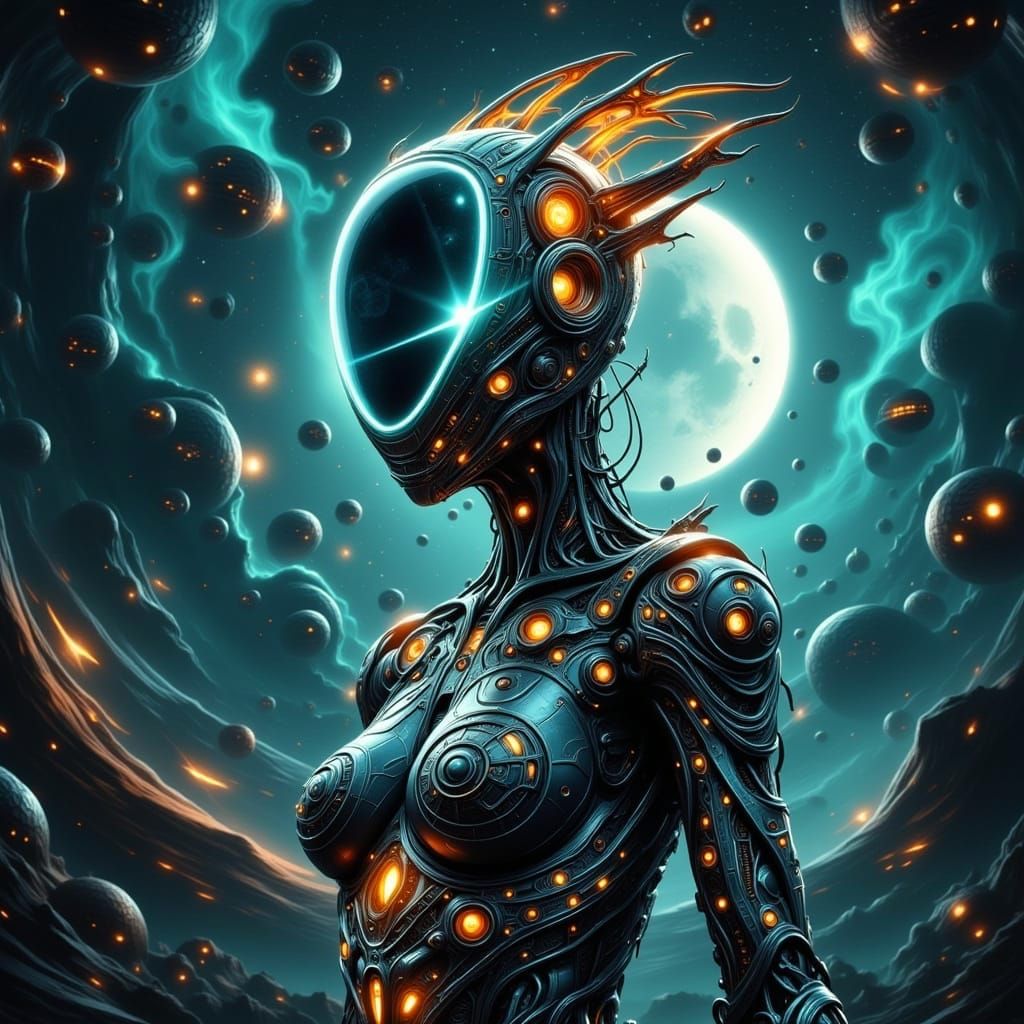 Cybernetic Beauty in Moonlit Space