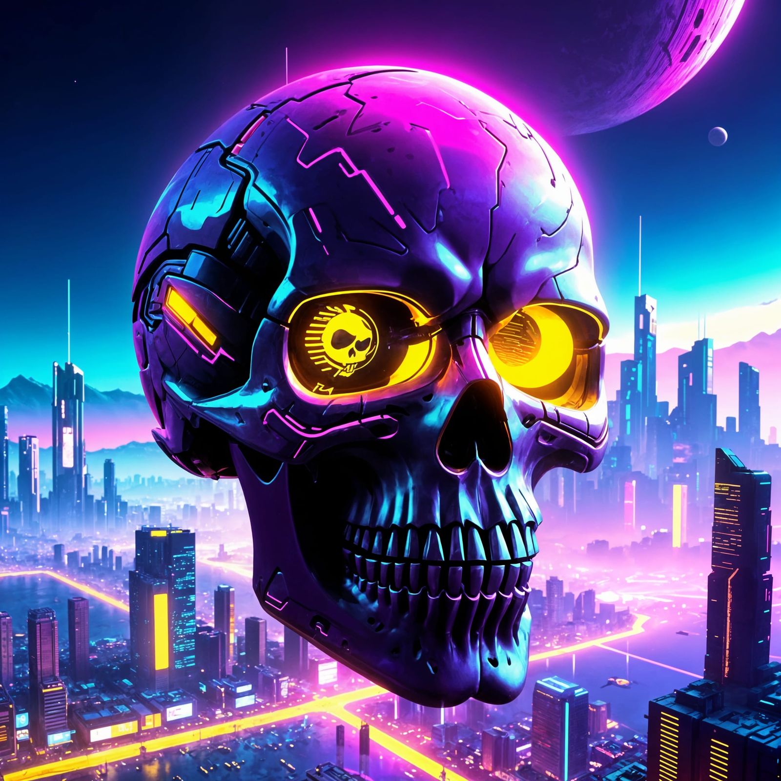Neon Skull Over Cyberpunk City on Distant Moon