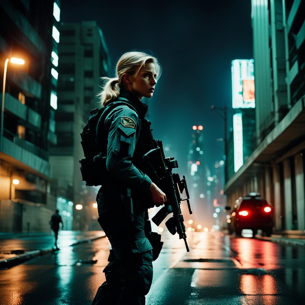 Futuristic Soldier Patrols City in Dark Film Still
