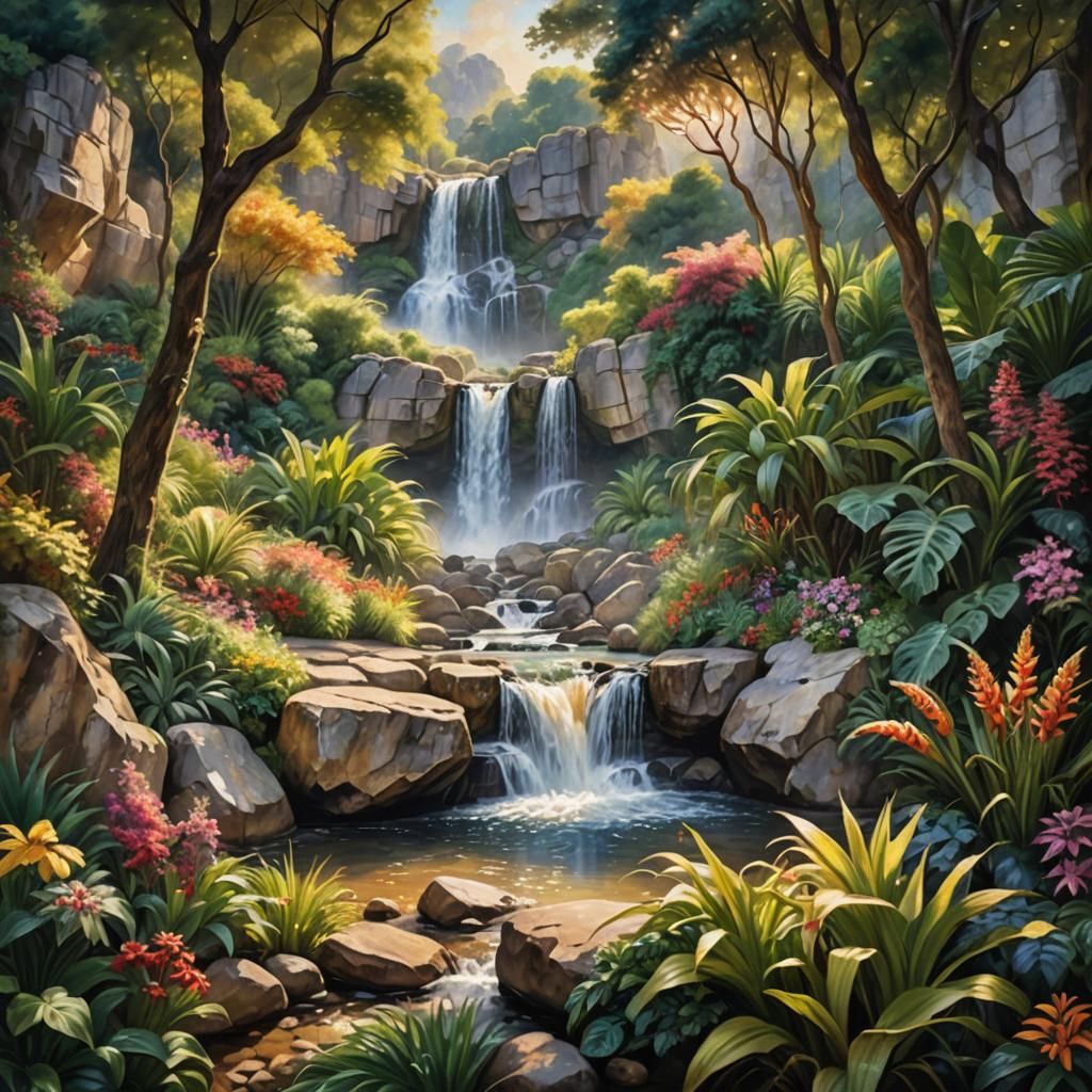 Waterfall Surrounded by Exotic Plants, Impressionist Style
