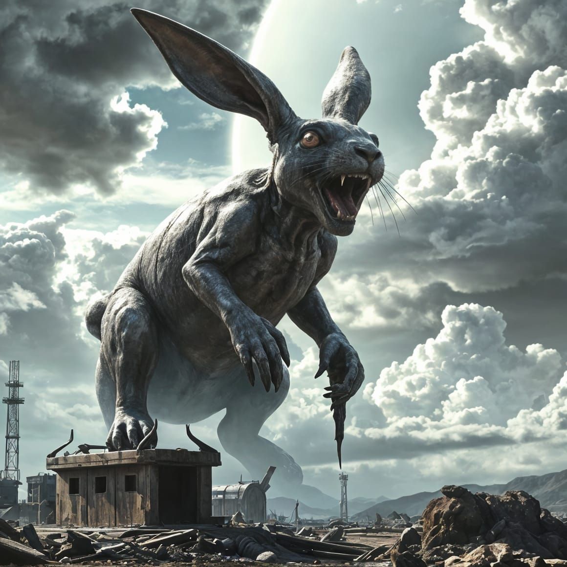 Colossal Cyberpunk Rabbit in Desolate Landscape