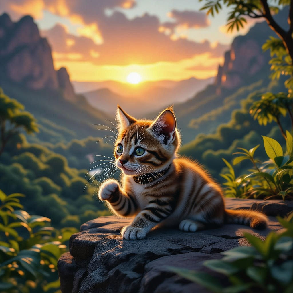 Kitten Overlooks Prehistoric Valley in Cinematic Style