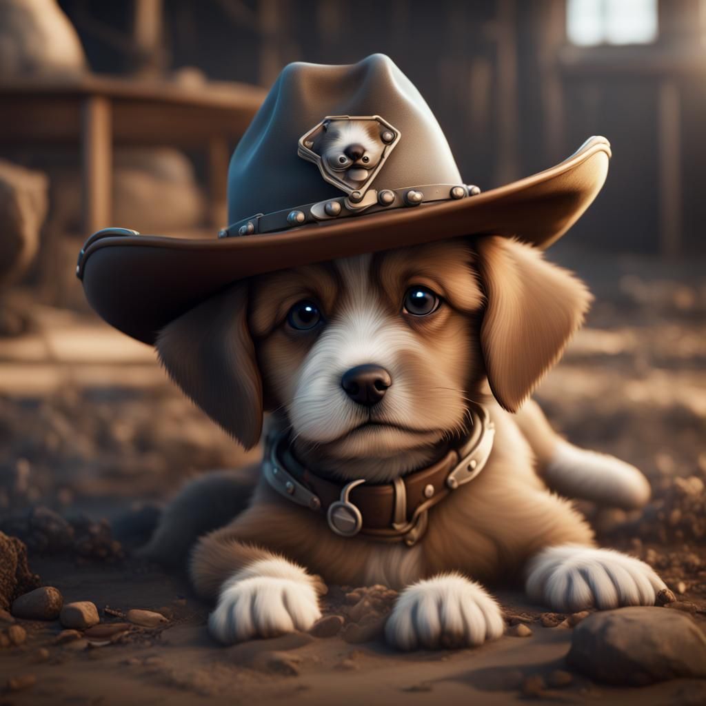 Puppy in Cowboy Hat: Detailed Fantasy Art