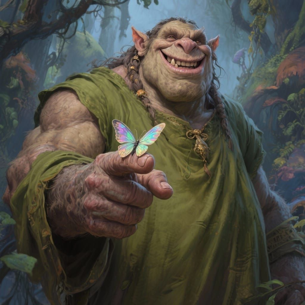Friendly Troll with Butterfly on Finger, Whimsical Art Style