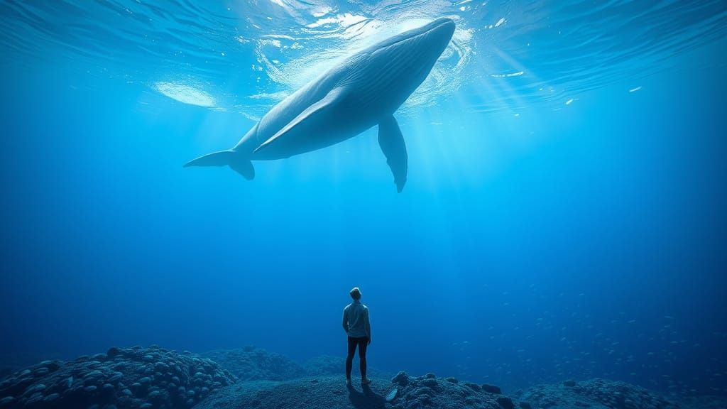 Whale and Diver in a Dreamlike Ocean Scene