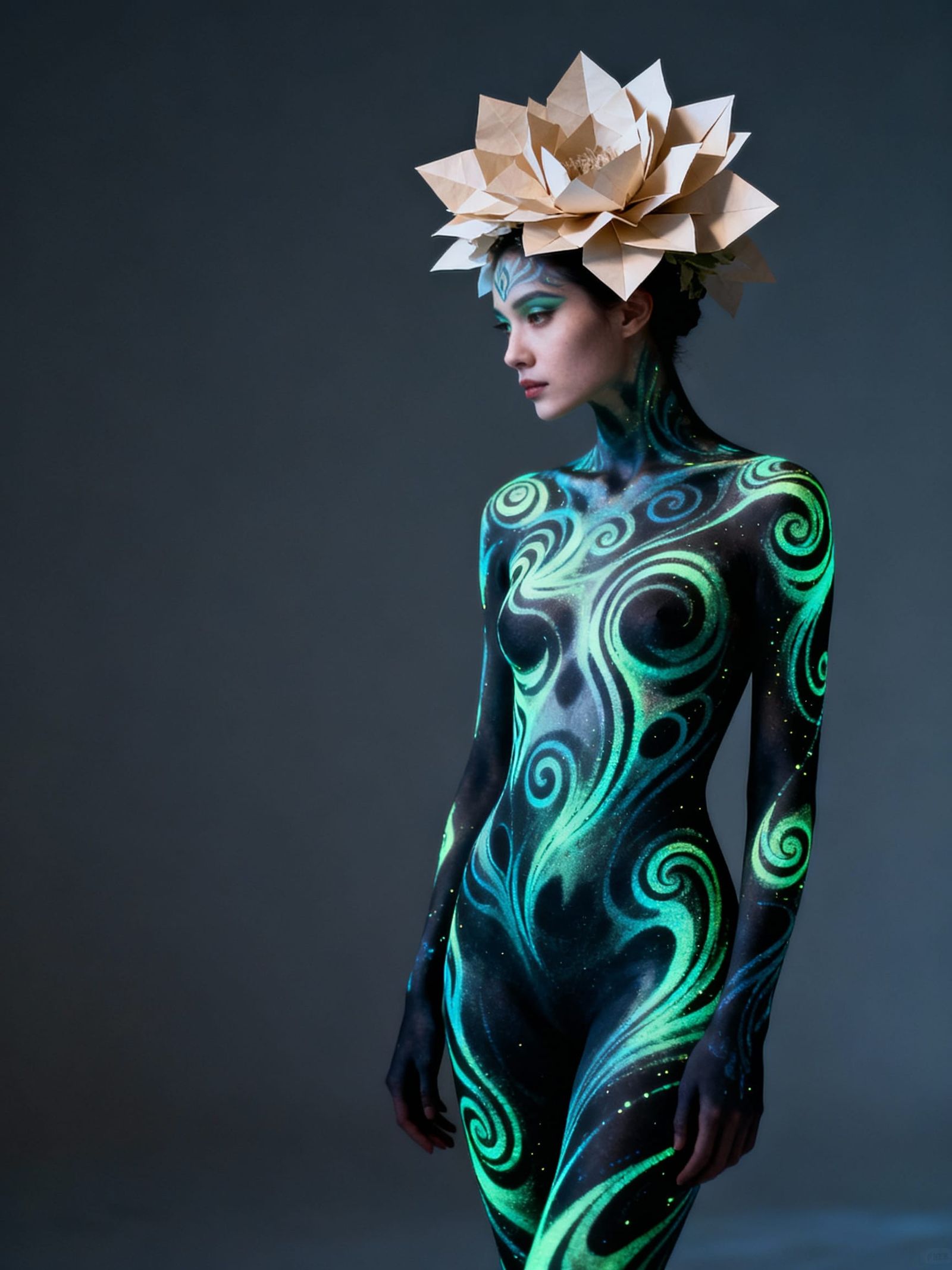Figure Adorned in Mesmerizing Body Paint and Paper Headpiece