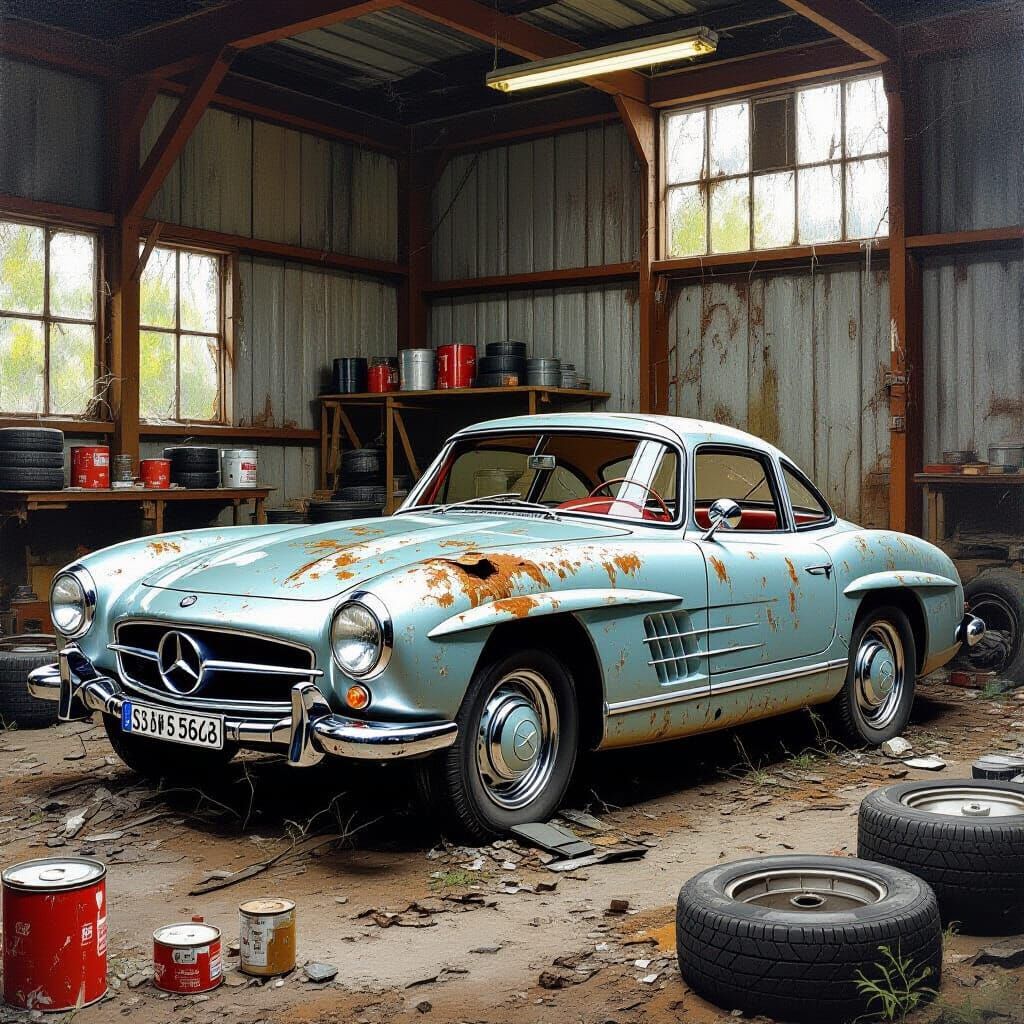 Abandoned Mercedes Classics in Dusty Workshop Oil Painting