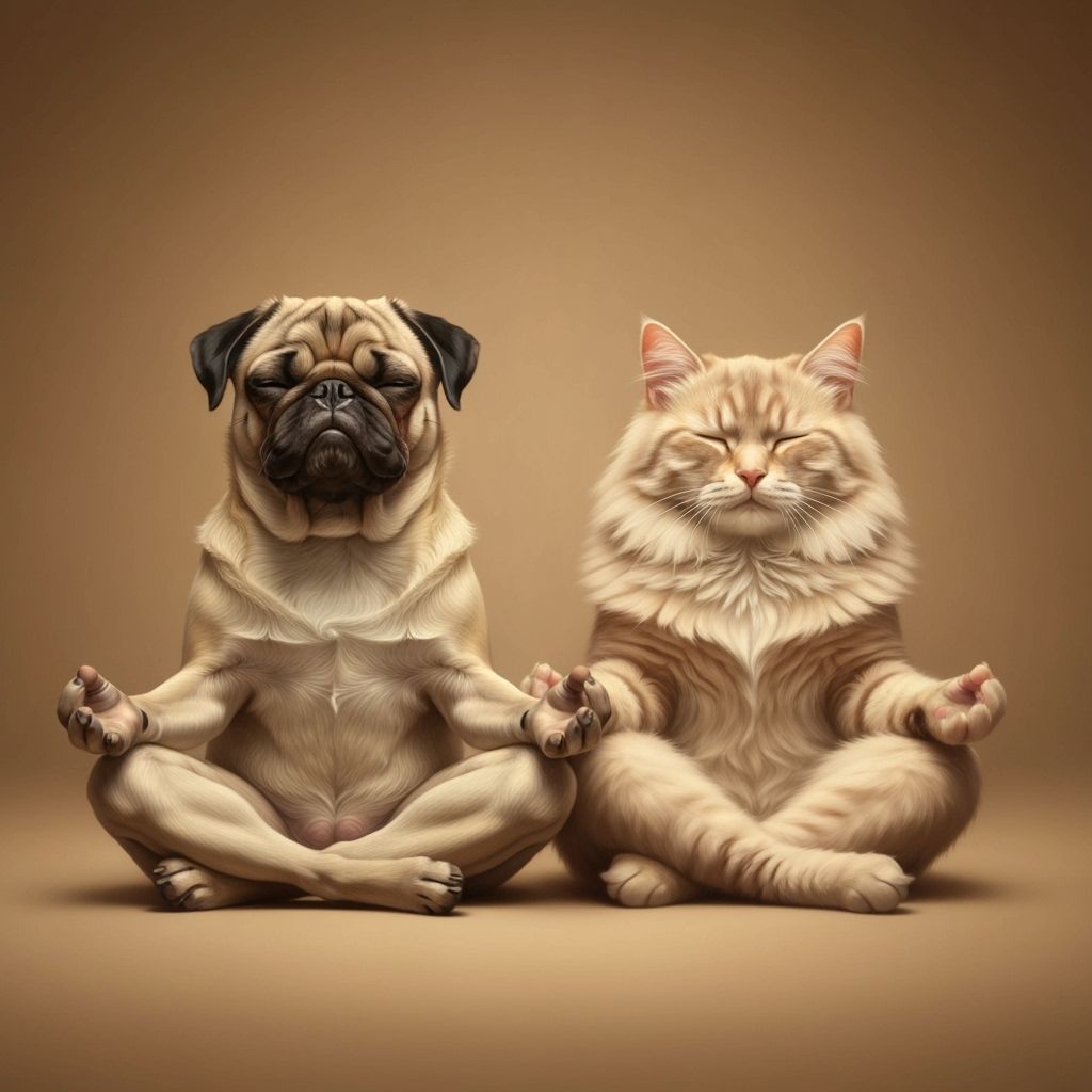 Serene Pug and Cat Meditating in Classical Portrait Style