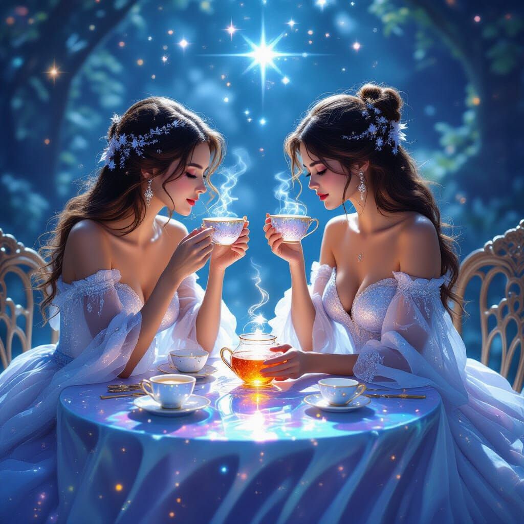 Celestial Tea Party with Goddesses on a Nebula