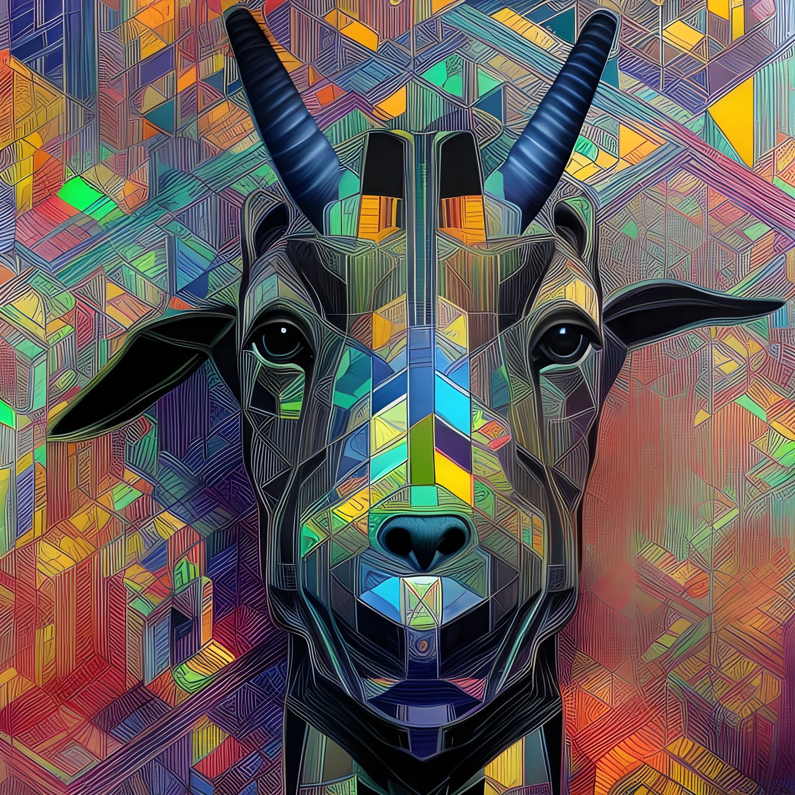 Intricate Robot Goat in Geometric City, Hyperrealistic Art
