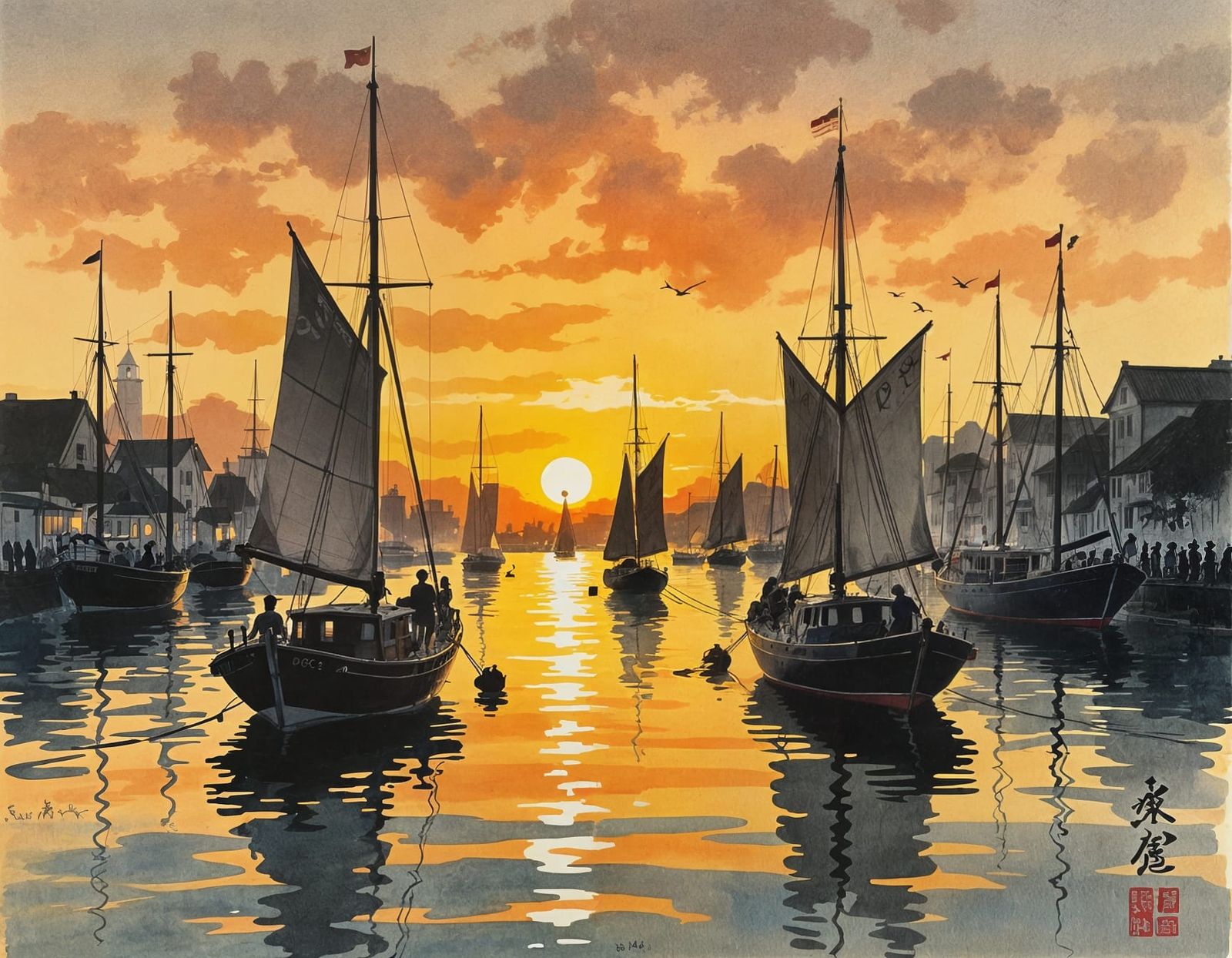 Sumi-e Harbour Scene at Dusk