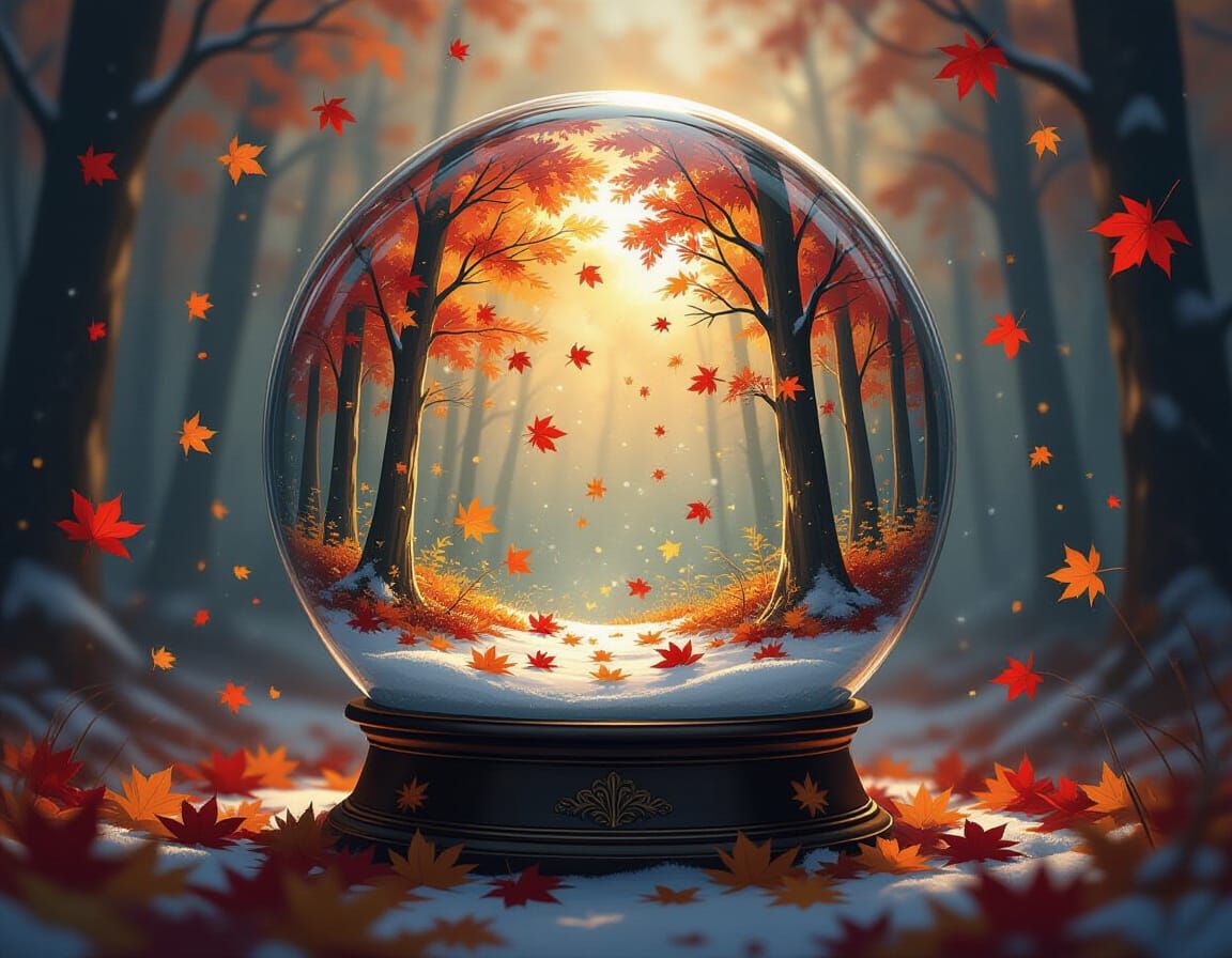 Enchanting Snow Globe Forest with Falling Autumn Leaves
