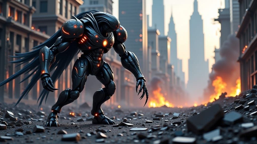 Superhero in Dark Power-Armor Battlesuit