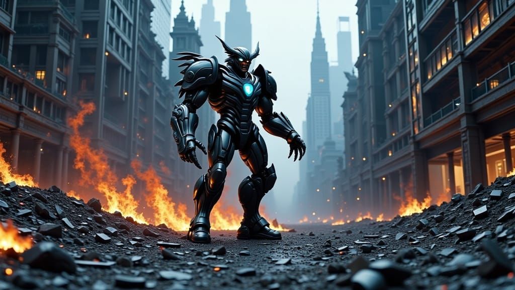 Superhero in Onyx Power Armor Battlesuit