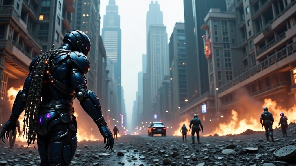 Superhero in Onyx Battlesuit Amidst City Ruins